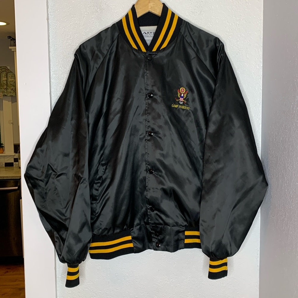 Vintage Artex Josten's Camp Roberts black satin lined snap up bomber jacket XL